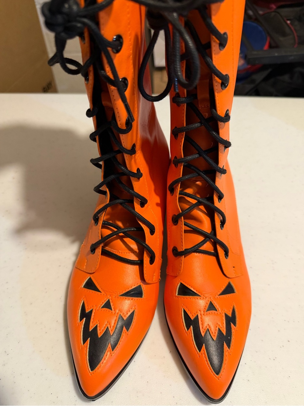 Women's Orange Lace-Up Pointed-Toe Boots with Pumpkin Face Accent